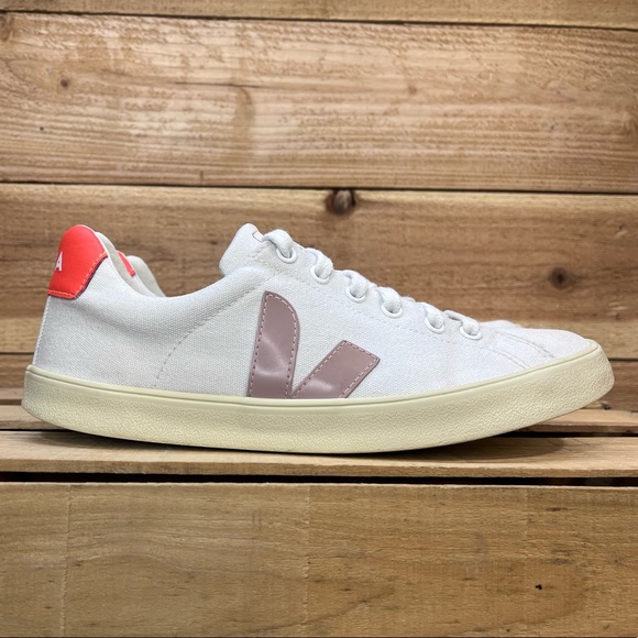Veja Shoes - Veja White Sneakers with Pink Accent and Coral Heel